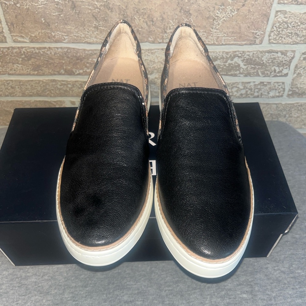 Naturalizer Zola Black/Cheetah leather and canvas slip on size 7.5M